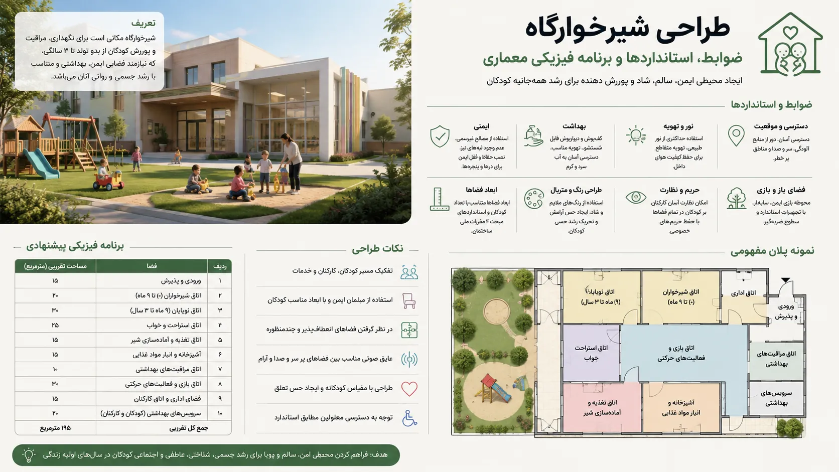 ضوابط، استانداردها و برنامه فیزیکی طراحی شیرخوارگاه 📏 1 ضوابط، استانداردها و برنامه فیزیکی طراحی شیرخوارگاه