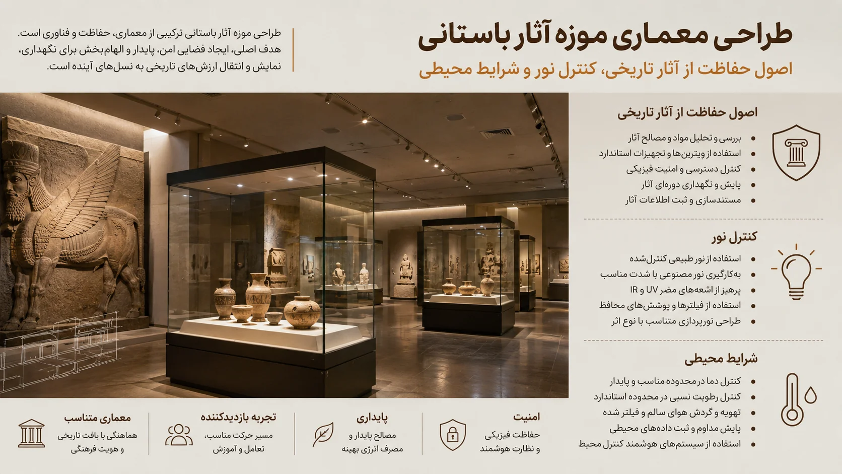 اصول حفاظت از آثار تاریخی، کنترل نور و شرایط محیطی (Microclimate) در موزه باستانی
