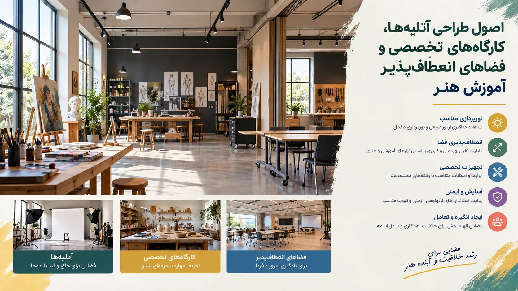 اصول طراحی آتلیه ها، کارگاههای تخصصی و فضاهای انعطاف پذیر آموزش هنر 🎨 1 اصول طراحی آتلیه ها، کارگاههای تخصصی و فضاهای انعطاف پذیر آموزش هنر