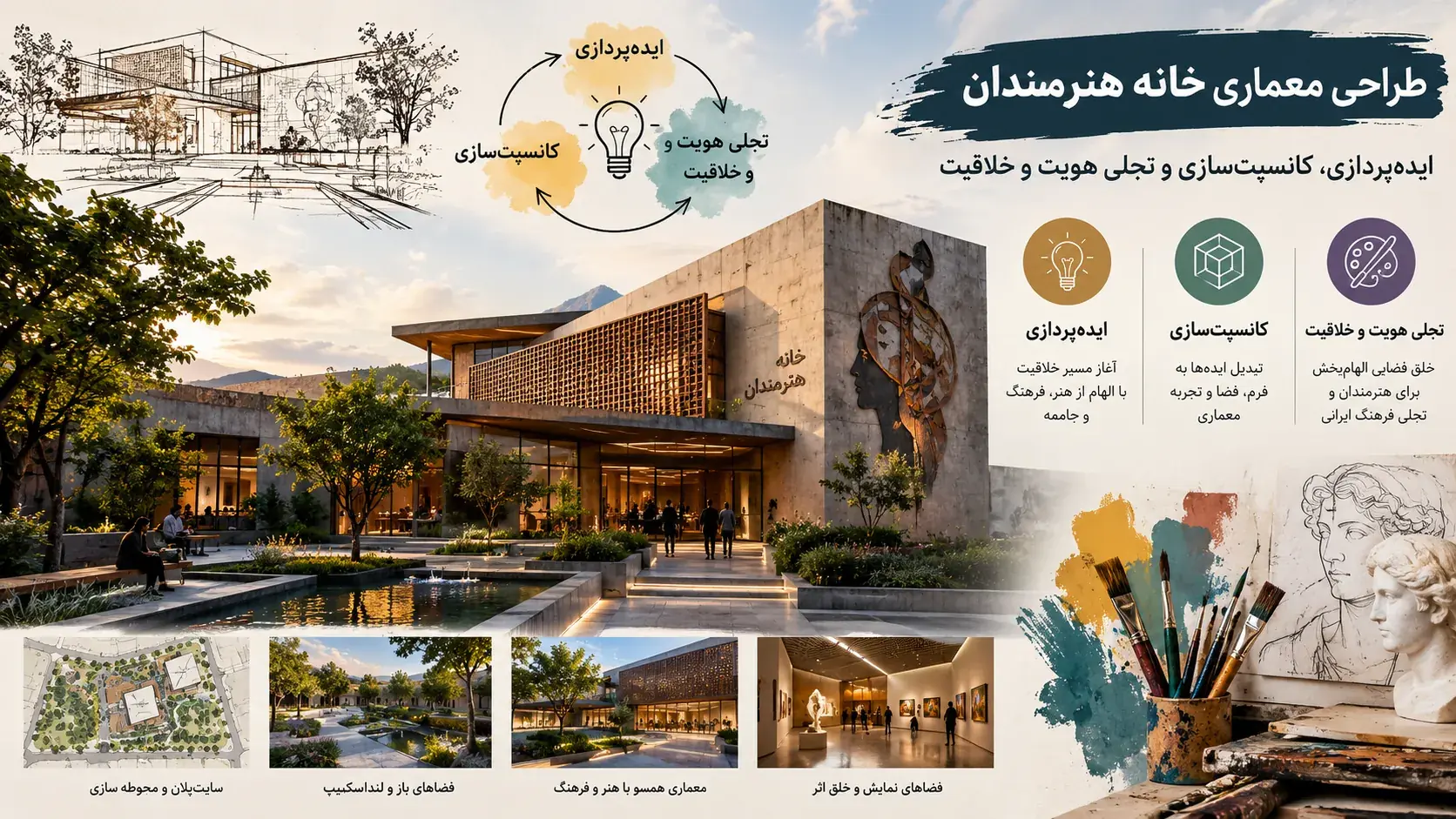 ایده پردازی، کانسپت سازی و تجلی هویت و خلاقیت در معماری خانه هنرمندان 🎭 1 ایده پردازی، کانسپت سازی و تجلی هویت و خلاقیت در معماری خانه هنرمندان