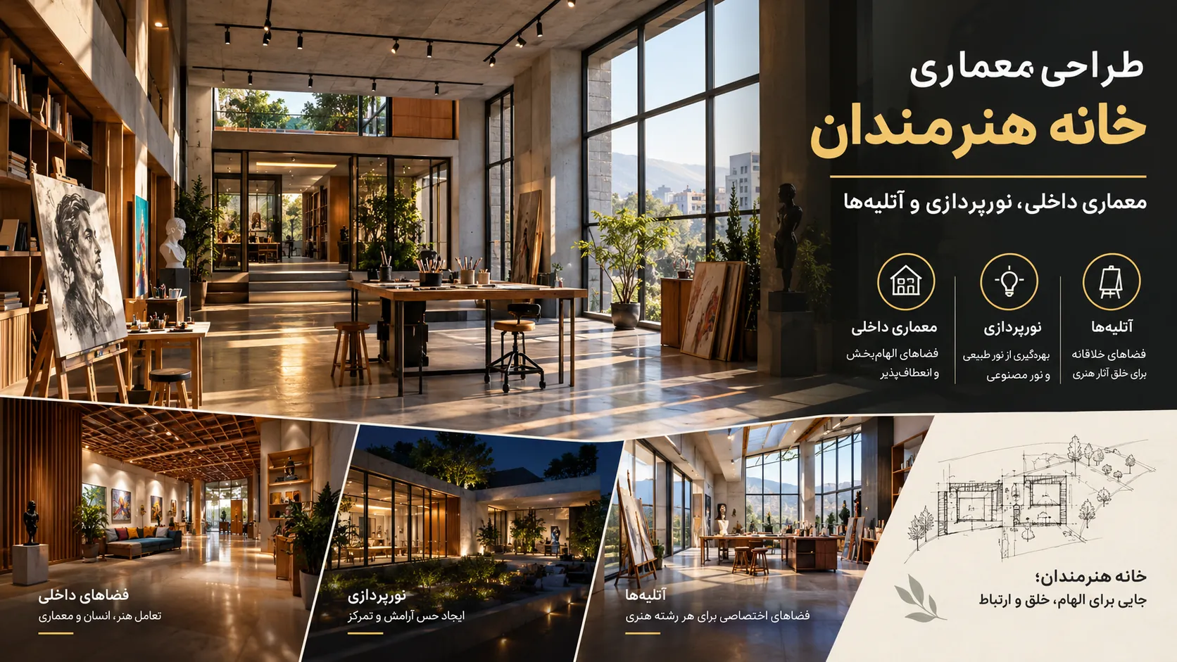 معماری داخلی، نورپردازی تخصصی و طراحی کارگاه ها و گالریهای هنری 💡 1 معماری داخلی، نورپردازی تخصصی و طراحی کارگاهها و گالریهای هنری