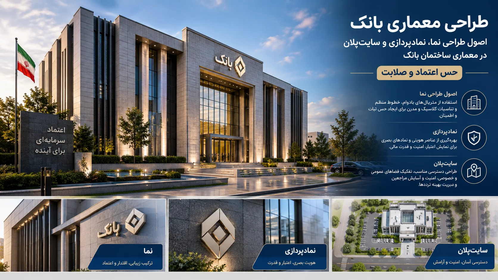اصول طراحی نما، نمادپردازی و سایت پلان در معماری ساختمان بانک (حس اعتماد و صلابت) 🏢 1 اصول طراحی نما، نمادپردازی و سایت پلان در معماری ساختمان بانک (حس اعتماد و صلابت)