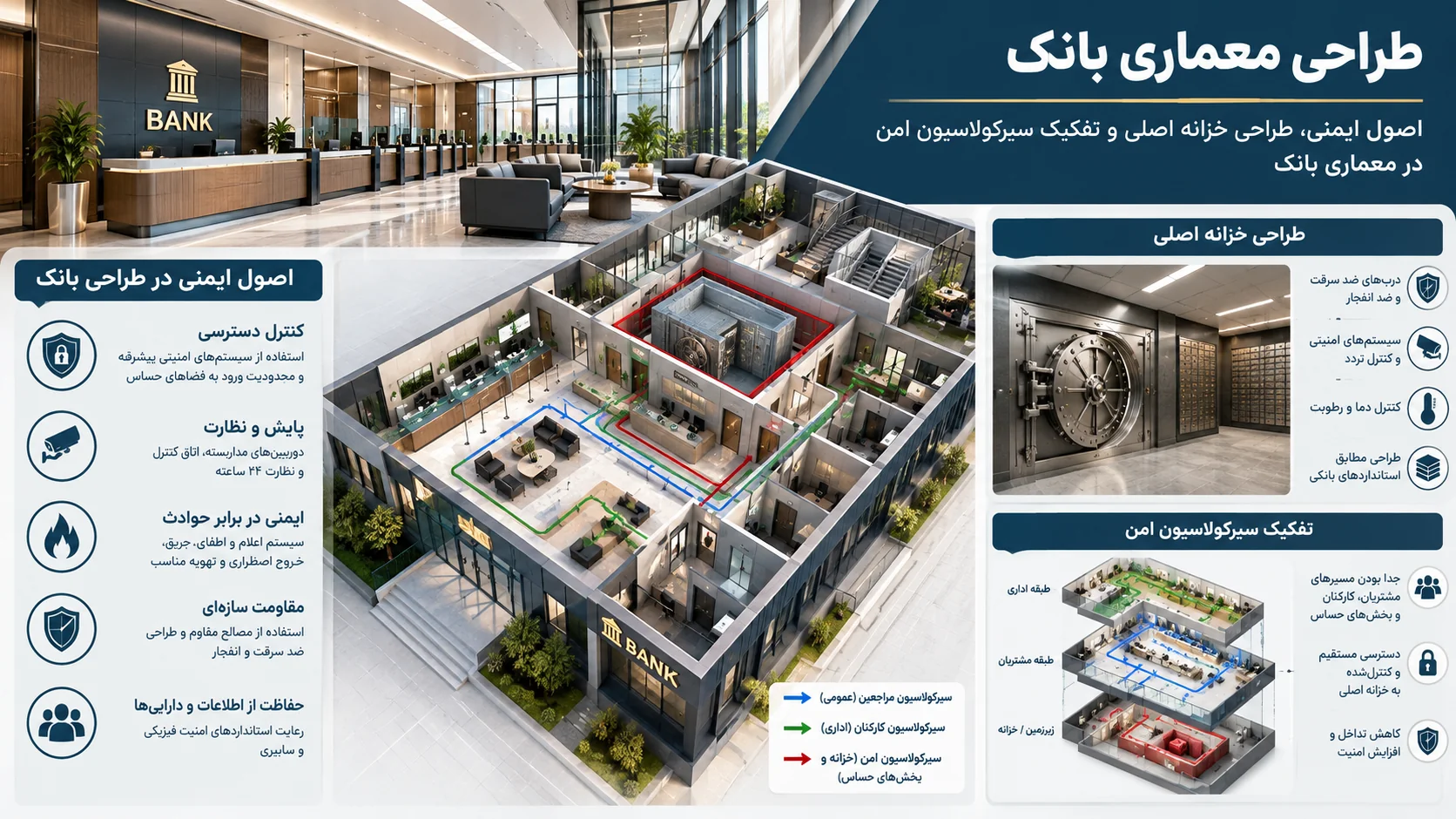 اصول ایمنی، طراحی خزانه اصلی و تفکیک سیرکولاسیون امن در معماری بانک 🔐 1 اصول ایمنی، طراحی خزانه اصلی و تفکیک سیرکولاسیون امن در معماری بانک
