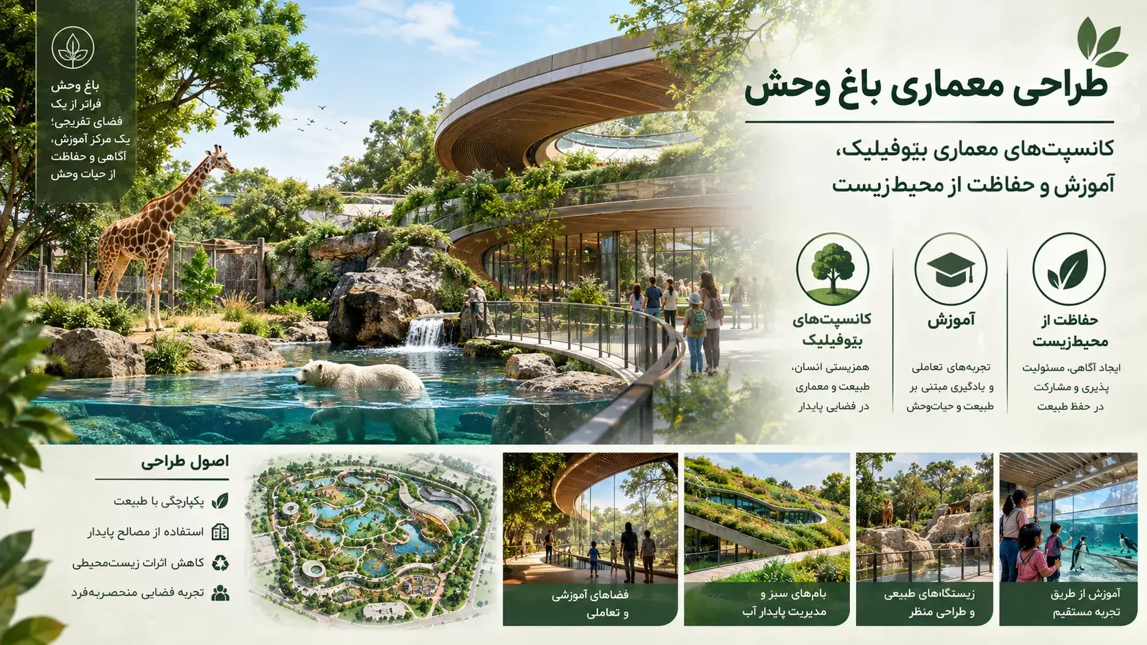 کانسپت های معماری بیوفیلیک، آموزش و حفاظت از محیط زیست در باغ وحش 🌍 1 کانسپت های معماری بیوفیلیک، آموزش و حفاظت از محیط زیست در باغ وحش