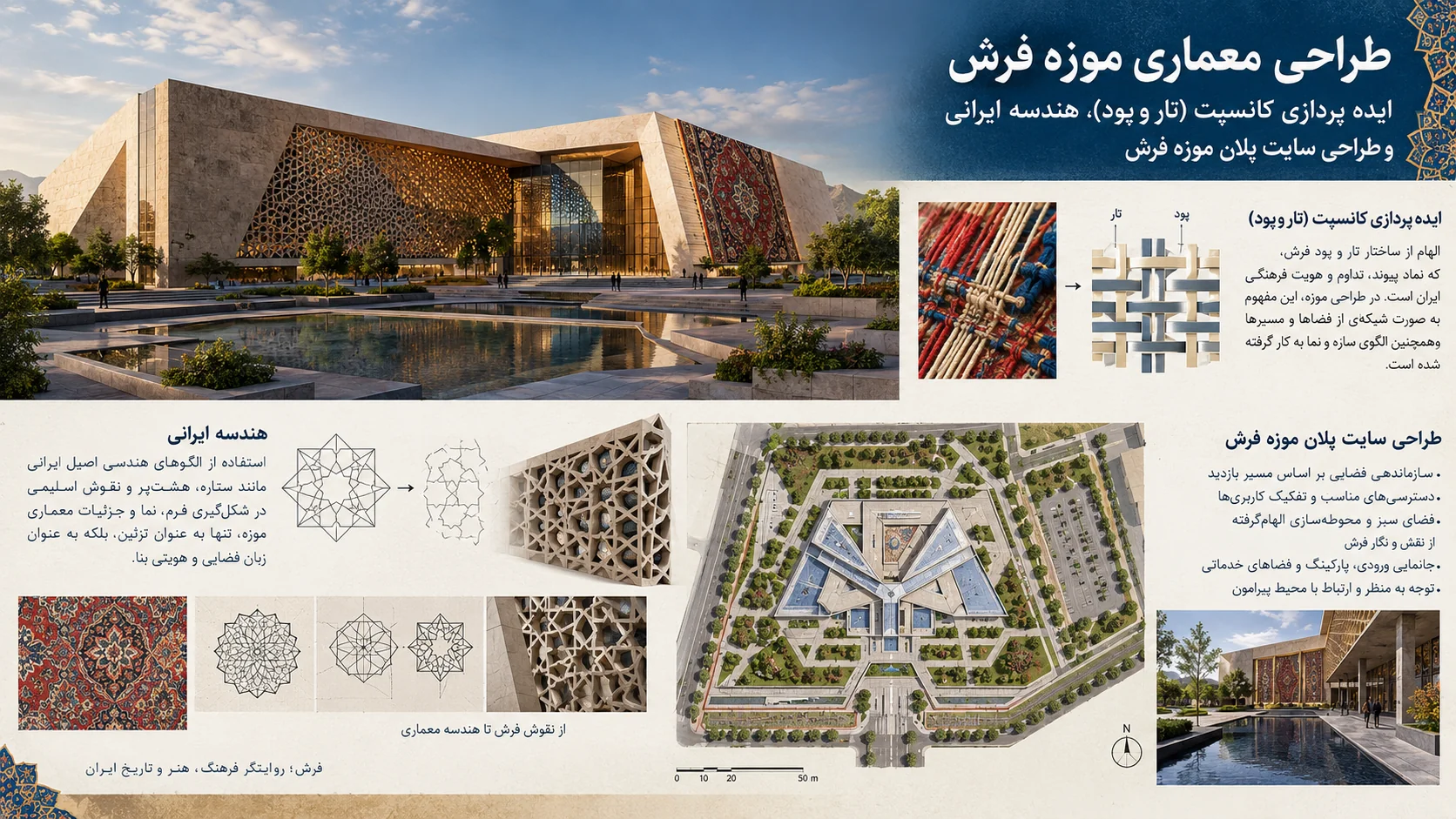 ایده پردازی کانسپت (تار و پود)، هندسه ایرانی و طراحی سایت پلان موزه فرش 🎨 1 ایده پردازی کانسپت (تار و پود)، هندسه ایرانی و طراحی سایت پلان موزه فرش