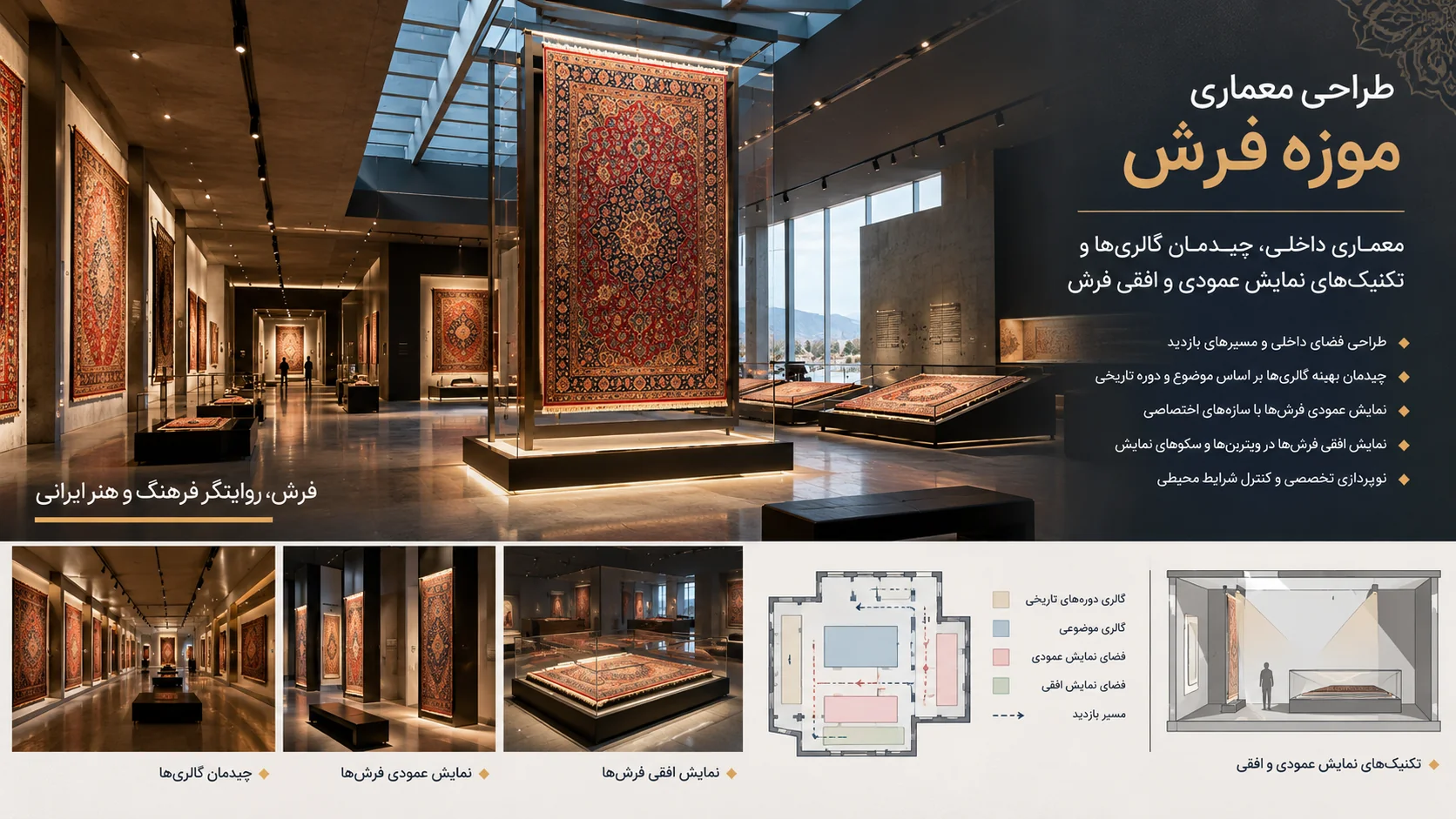 معماری داخلی، چیدمان گالریها و تکنیکهای نمایش عمودی و افقی فرش 💡 1 معماری داخلی، چیدمان گالریها و تکنیکهای نمایش عمودی و افقی فرش