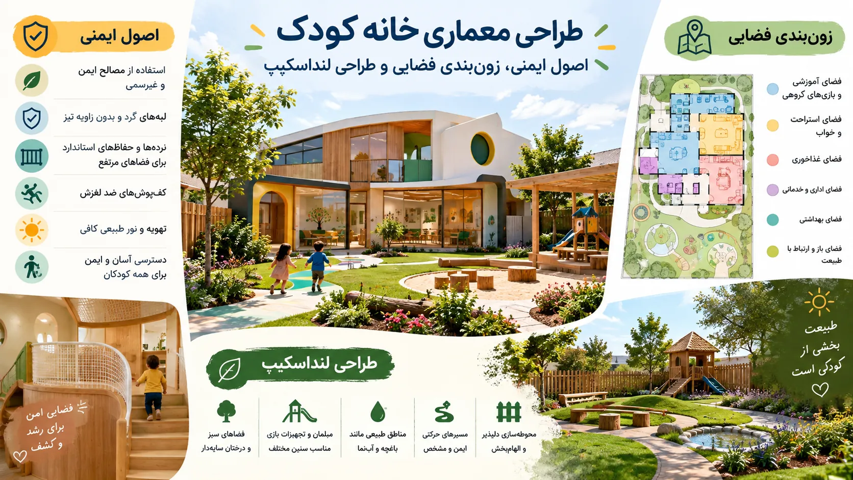 اصول ایمنی، زونبندی فضایی و طراحی لنداسکیپ و محوطه بازی کودکان 🌳 2 زونبندی، ایمنی و طراحی لنداسکیپ خانه کودک