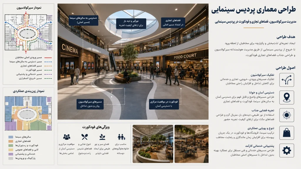 مدیریت سیرکولاسیون، فضاهای تجاری و فودکورت در پردیس سینمایی