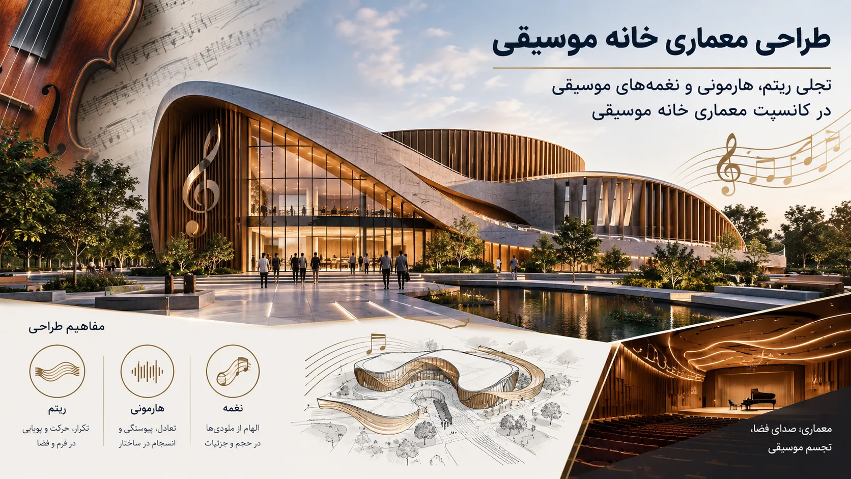 تجلی ریتم، هارمونی و نغمههای موسیقی در کانسپت معماری خانه موسیقی 🎻 1 تجلی ریتم، هارمونی و نغمههای موسیقی در کانسپت معماری خانه موسیقی