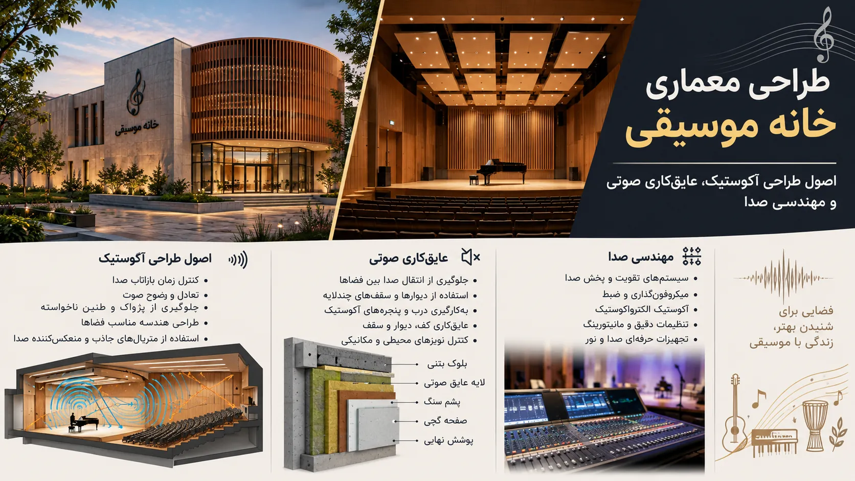 اصول طراحی آکوستیک، عایقکاری صوتی و مهندسی صدا در خانه موسیقی 🎼 1 اصول طراحی آکوستیک، عایقکاری صوتی و مهندسی صدا در خانه موسیقی