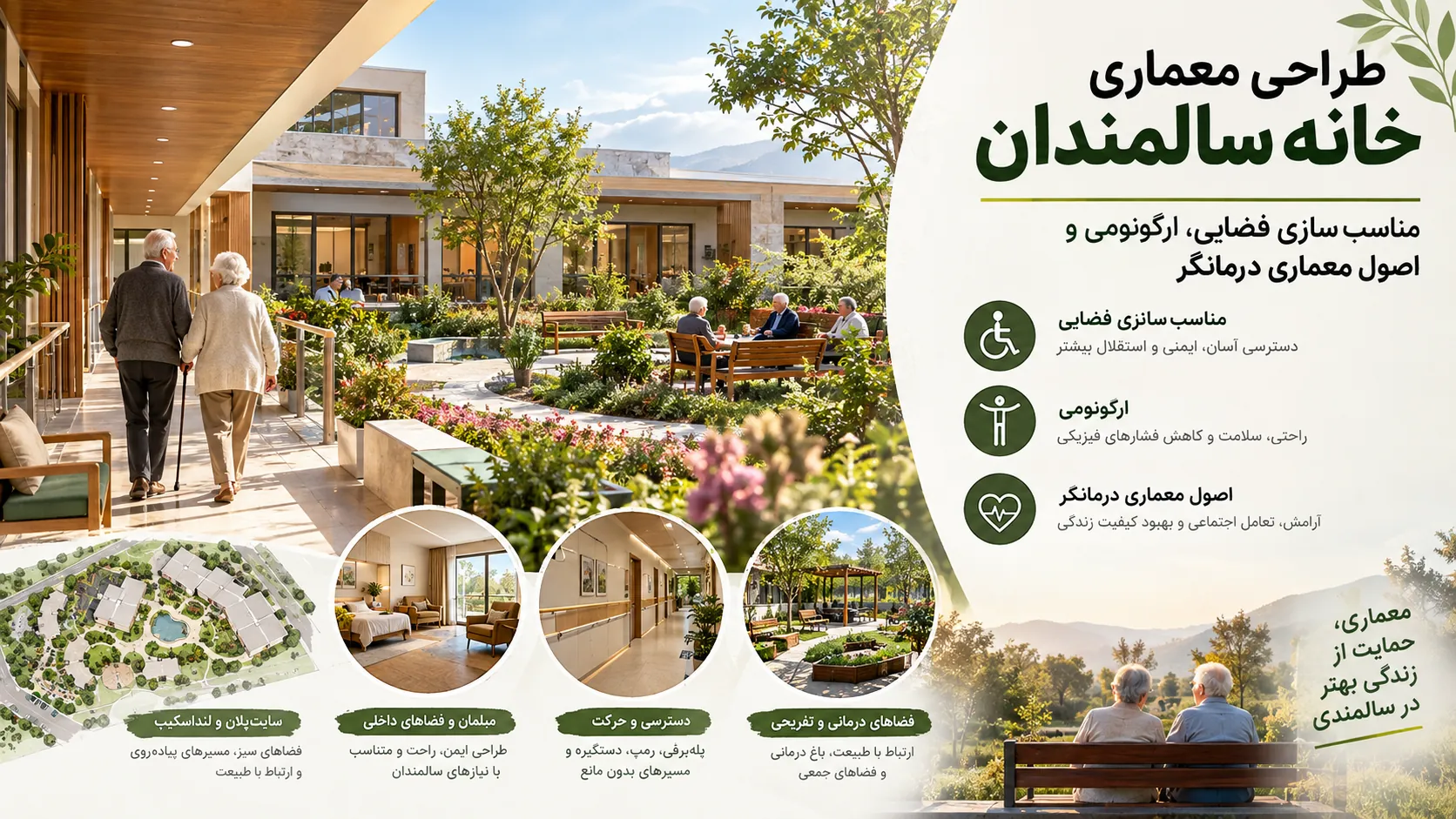 مناسب سازی فضایی، ارگونومی و اصول معماری درمانگر در طراحی خانه سالمندان ♿ 1 مناسب سازی فضایی، ارگونومی و اصول معماری درمانگر در طراحی خانه سالمندان