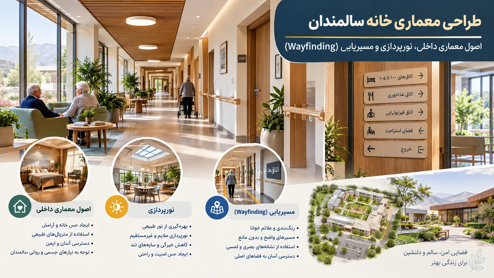 اصول معماری داخلی، نورپردازی و مسیریابی (Wayfinding) در خانه سالمندان 💡 1 اصول معماری داخلی، نورپردازی و مسیریابی (Wayfinding) در خانه سالمندان