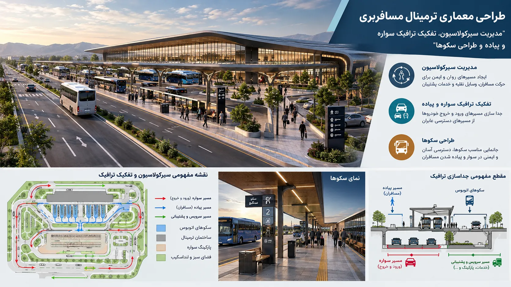 مدیریت سیرکولاسیون، تفکیک ترافیک سواره و پیاده و طراحی سکوها 🚦 1 مدیریت سیرکولاسیون، تفکیک ترافیک سواره و پیاده و طراحی سکوها