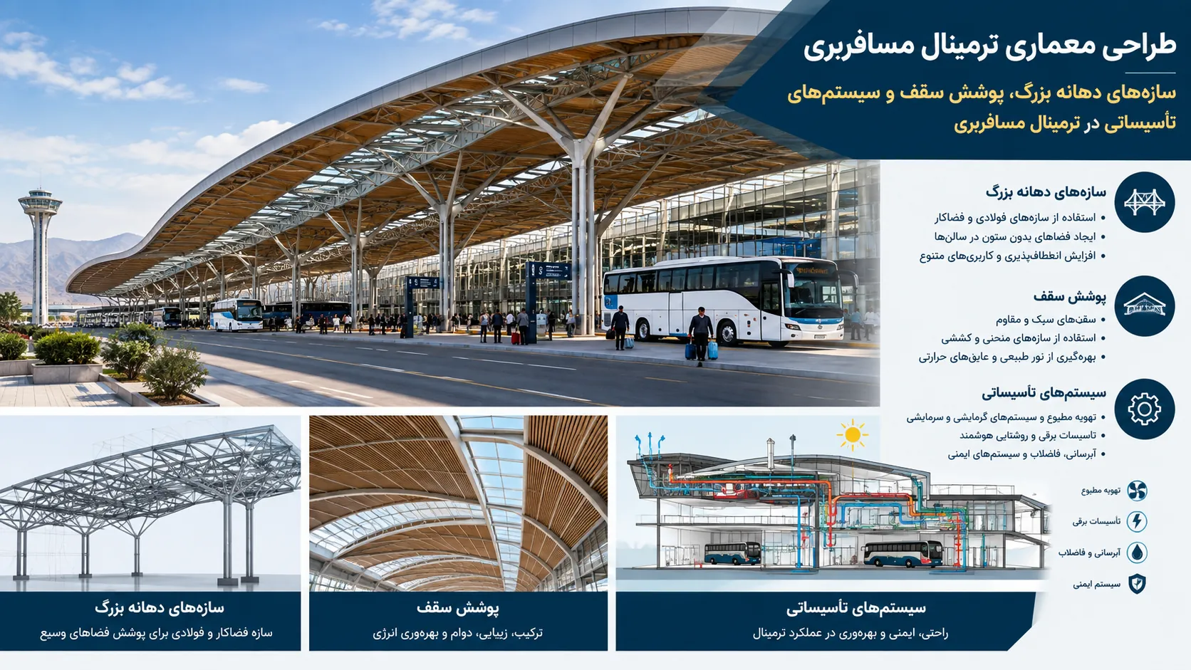 سازههای دهانه بزرگ، پوشش سقف و سیستمهای تاسیساتی در ترمینال مسافربری 🏗️ 1 سازههای دهانه بزرگ، پوشش سقف و سیستمهای تاسیساتی در ترمینال مسافربری