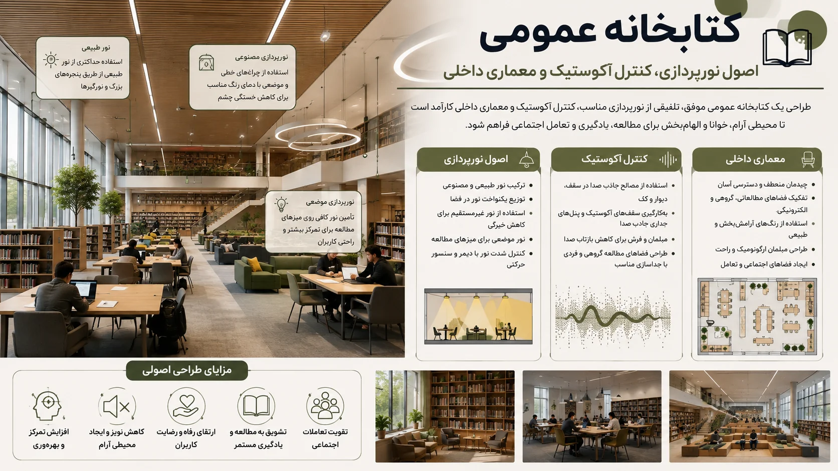 اصول نورپردازی، کنترل آکوستیک و معماری داخلی کتابخانه 💡 1 اصول نورپردازی، کنترل آکوستیک و معماری داخلی کتابخانه