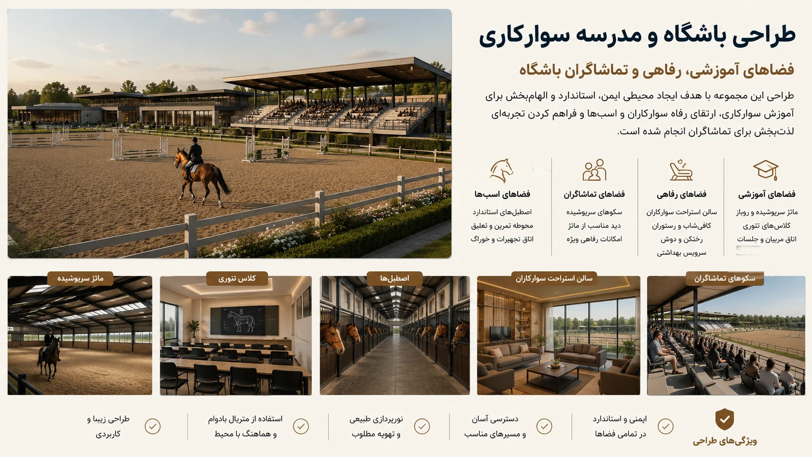 طراحی جایگاه تماشاگران، فضاهای آموزشی و خدماتی در مدرسه سوارکاری