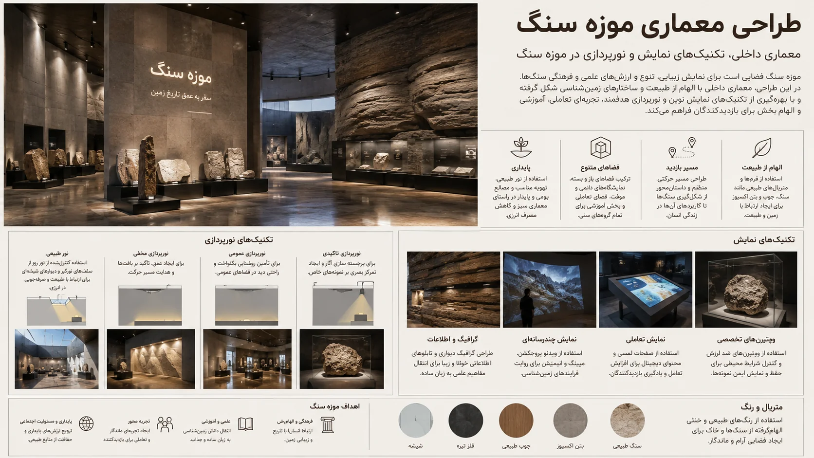 معماری داخلی، تکنیکهای نمایش و نورپردازی در موزه سنگ 💡 1 معماری داخلی، تکنیکهای نمایش و نورپردازی در موزه سنگ