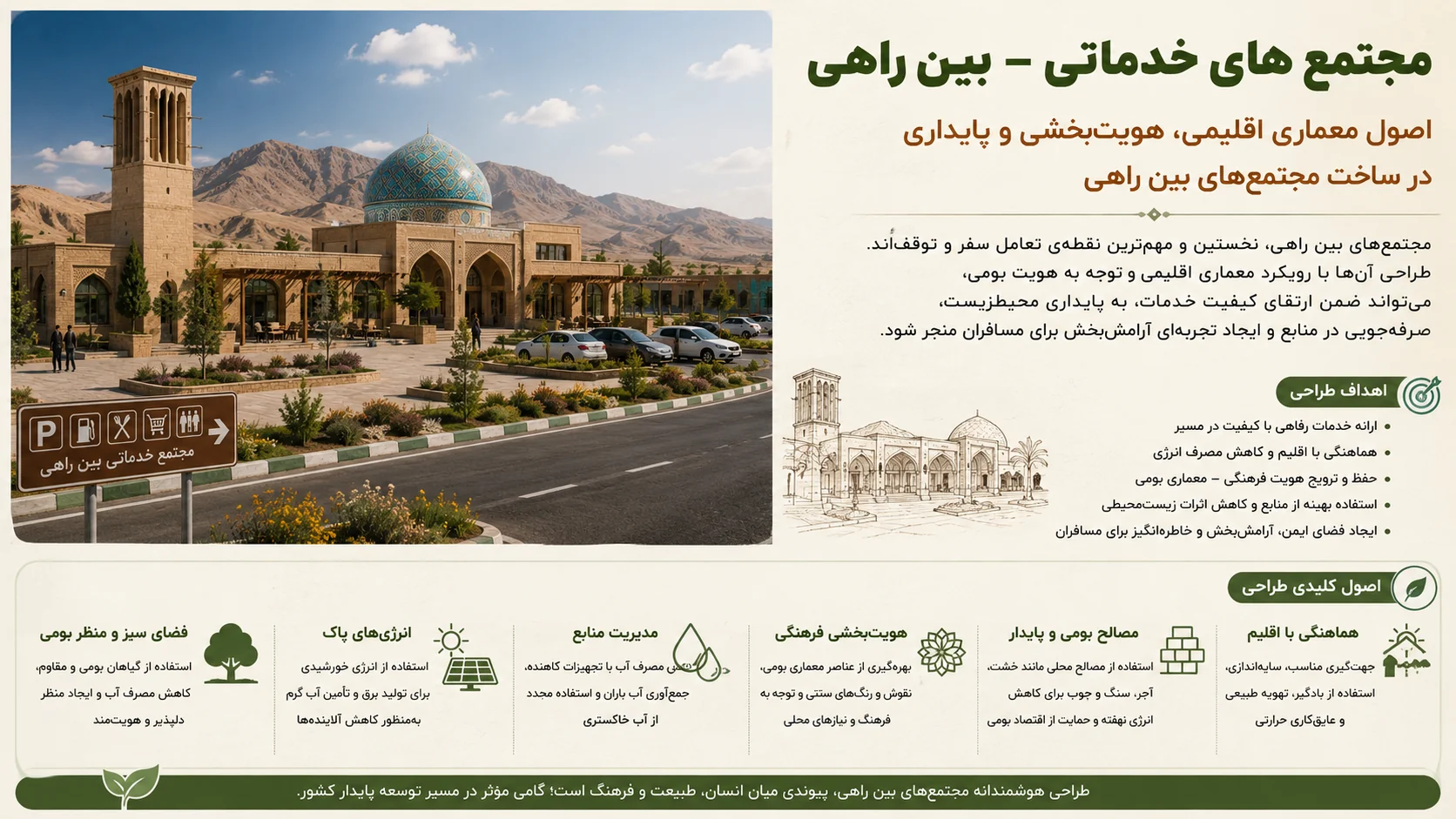 اصول معماری اقلیمی، هویتبخشی و پایداری در ساخت مجتمع های بین راهی 🌵 🌵 1 اصول معماری اقلیمی، هویتبخشی و پایداری در ساخت مجتمع های بین راهی