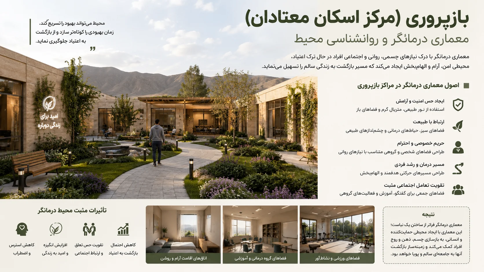 نقش معماری درمانگر و روانشناسی محیط در طراحی مرکز بازپروری معتادان 🧠 1 نقش معماری درمانگر و روانشناسی محیط در طراحی مرکز بازپروری معتادان