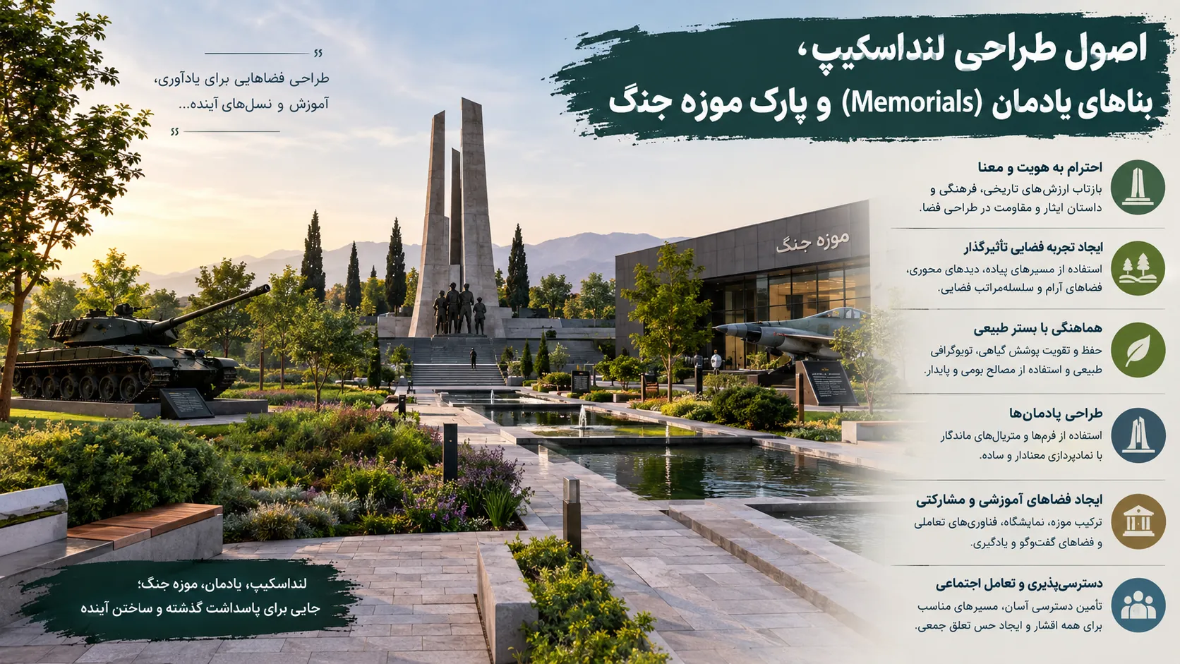 اصول طراحی لنداسکیپ، بناهای یادمان (Memorials) و پارک موزه جنگ 🌳 1 اصول طراحی لنداسکیپ، بناهای یادمان (Memorials) و پارک موزه جنگ